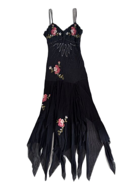 Cache Dresses & Skirts - VTG Y2K Cache Silk Maxi Dress Sz 8 Beaded Embroidered Floral Whimsy Fairy Goth